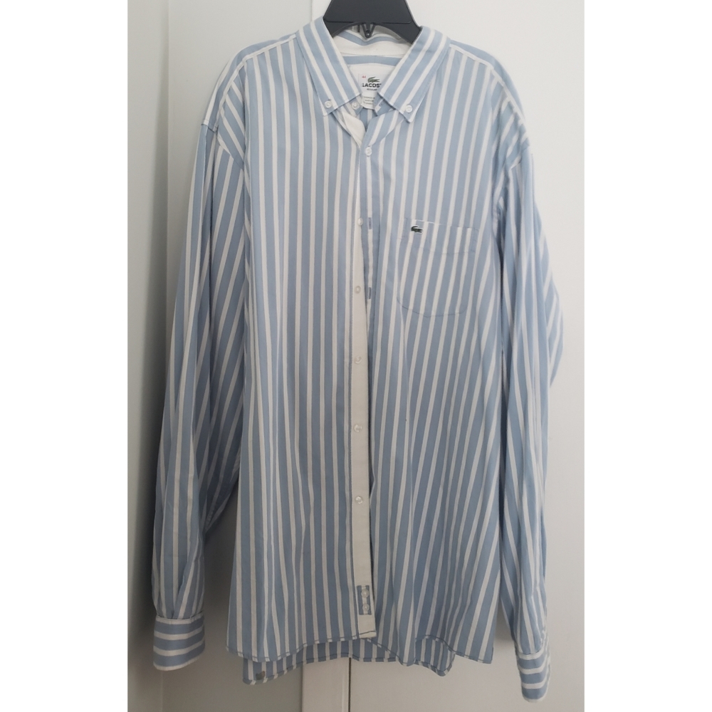 Lacoste Men's Blue White Stripe Button Down Shirt 44 Regular XL